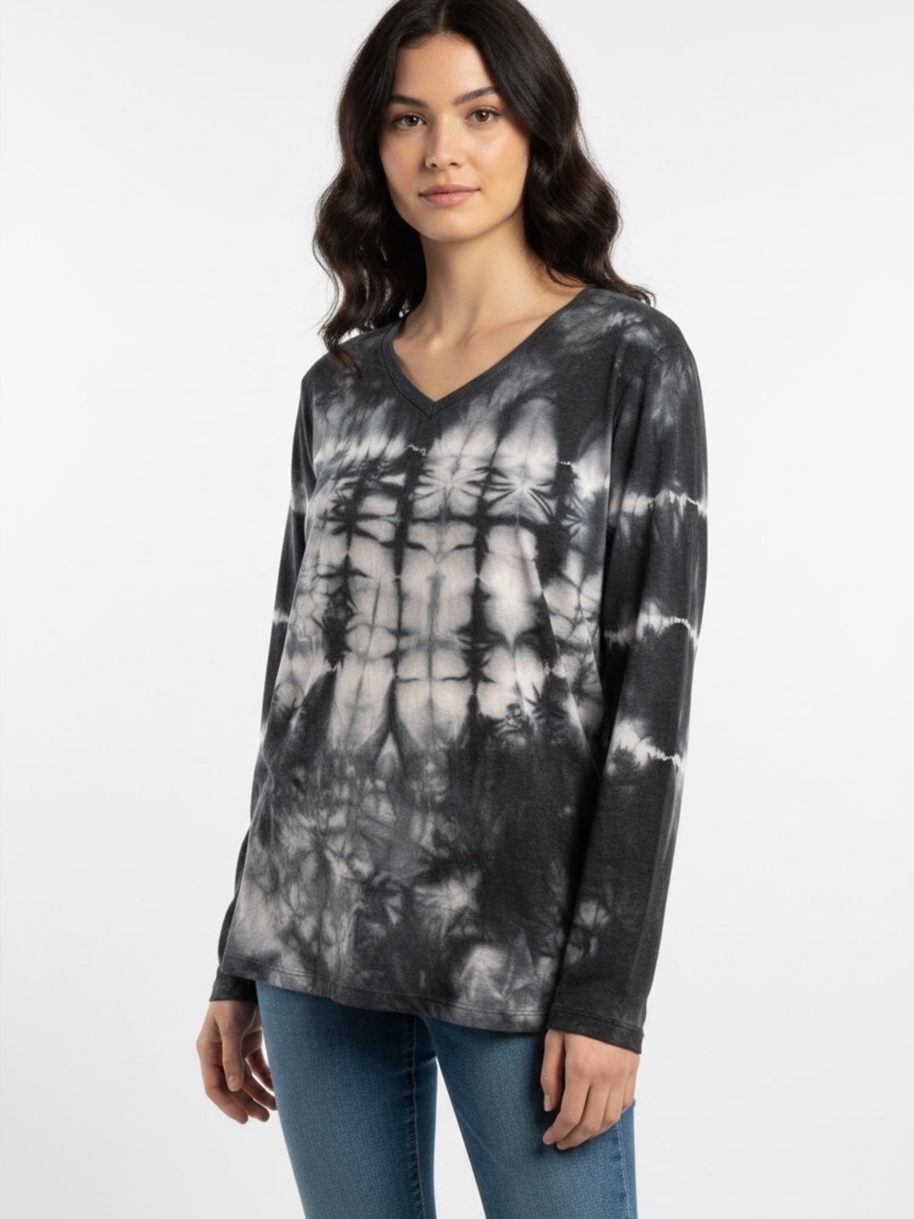 GreenTea Black & White Tie-Dye V-Neck Long Sleeve Top Size M-L
